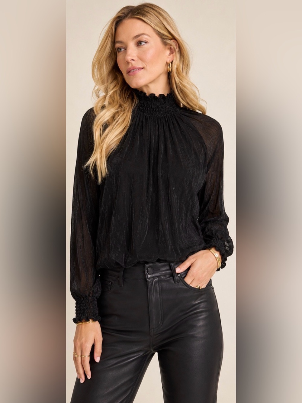 Amanda Uprichard Lynnana Black Smocked Mock Neck Sheer Crinkle Blouse NWT